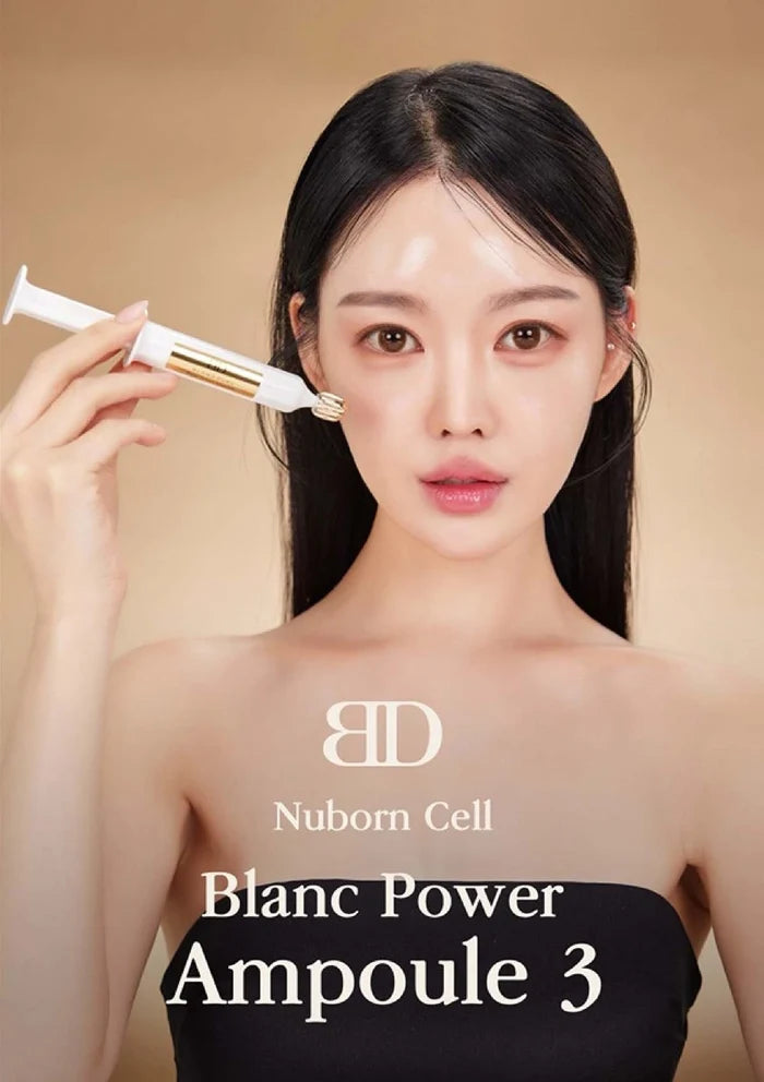 Woman holding a skincare ampoule with 'Nuborn Cell' branding on a beige background
