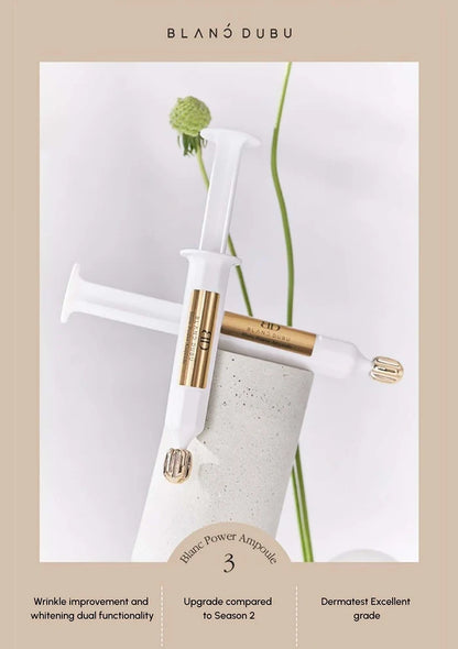 Skincare product with syringe-like applicator and text on a light background