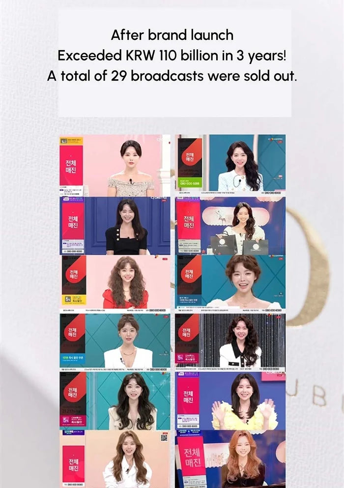 Grid of promotional images with a woman, text about brand launch and sales figures, on a light gray background.
