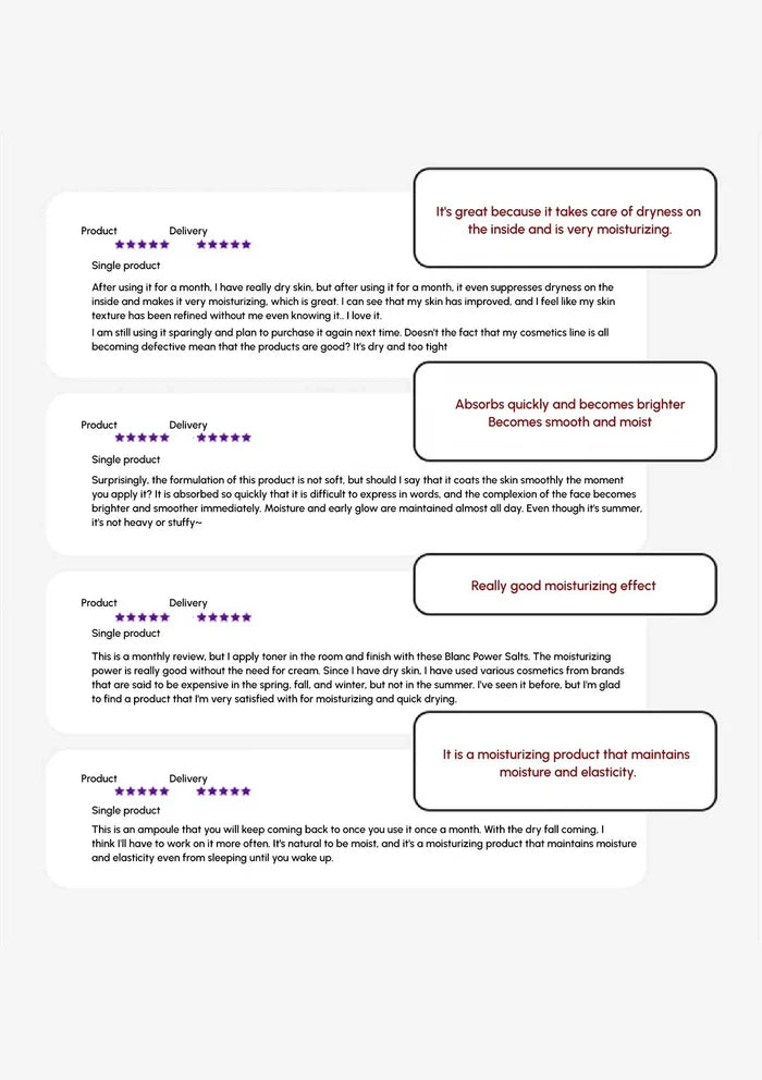 Product reviews with text and ratings on a white background