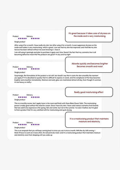 Product reviews with text and ratings on a white background