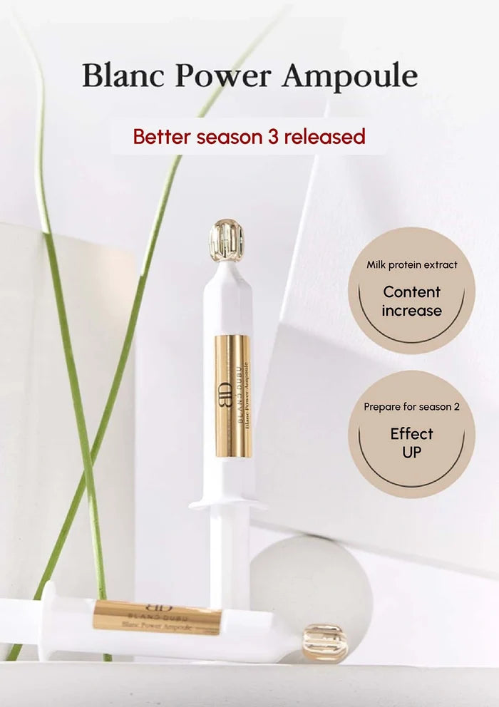 Cosmetic product with 'Blanc Power Ampoule' text and features on a white background