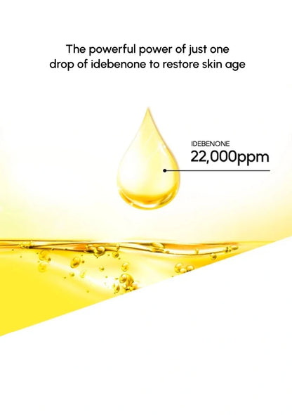 Illustration of a droplet labeled 'idebenone' with text about its power to restore skin age.
