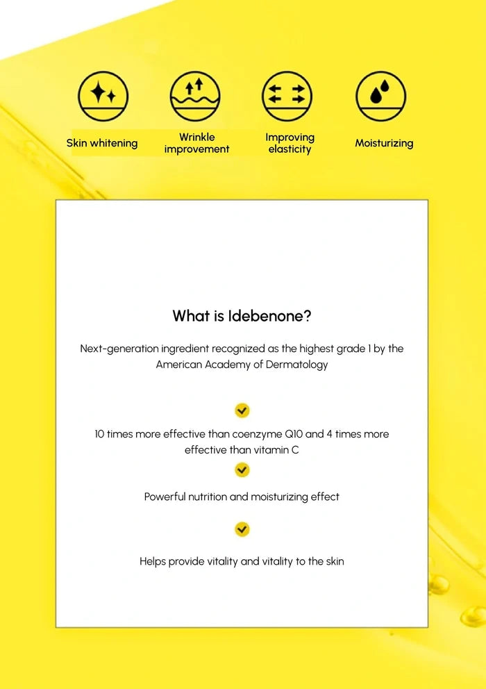 Product packaging with idebenone information on a yellow background