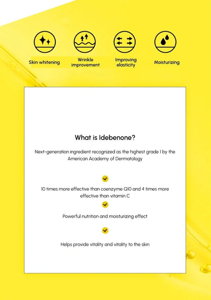 Product packaging with idebenone information on a yellow background