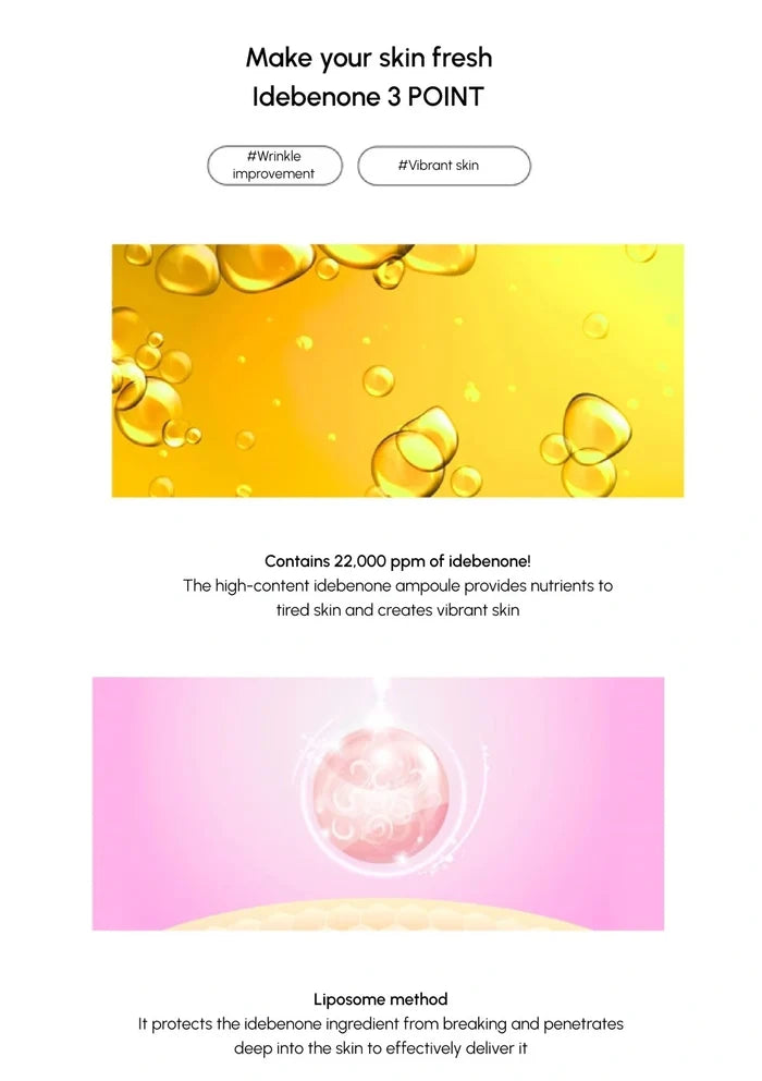 Advertisement for idebenone 3 POINT skincare product with yellow and pink elements.
