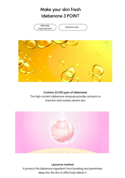 Advertisement for idebenone 3 POINT skincare product with yellow and pink elements.