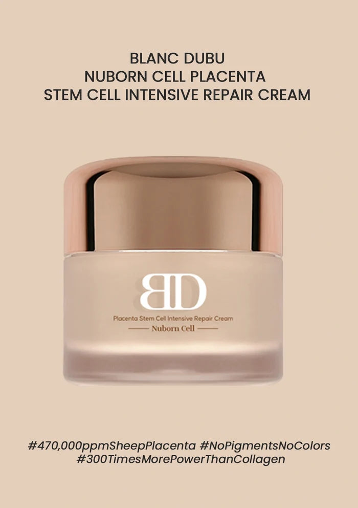 Beige skincare cream jar with 'Blanc Dubu' branding on a beige background