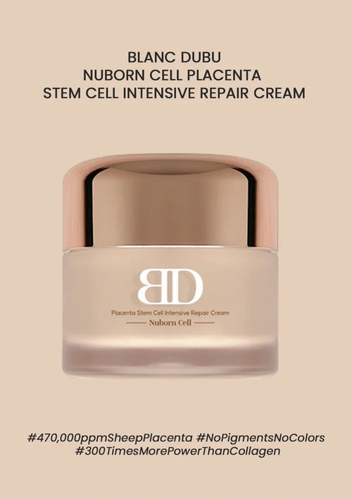 Beige skincare cream jar with 'Blanc Dubu' branding on a beige background