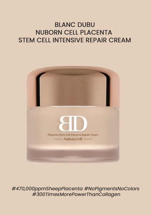 Beige skincare cream jar with 'Blanc Dubu' branding on a beige background
