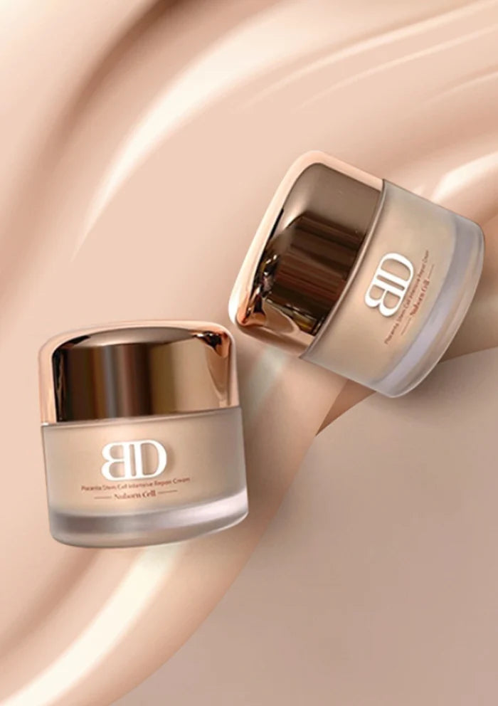 Two cosmetic jars with a brand logo on a beige background