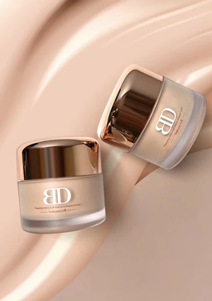 Two cosmetic jars with a brand logo on a beige background