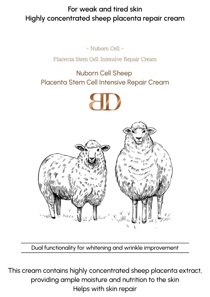 Sheep placenta repair cream packaging with illustrations of sheep and text on a white background