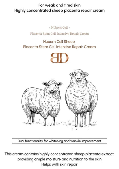 Sheep placenta repair cream packaging with illustrations of sheep and text on a white background