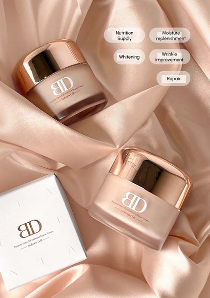 Two skincare jars with rose gold lids on a soft pink fabric background, featuring text labels on the jars.