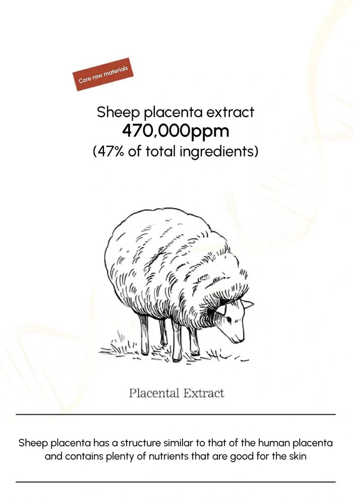 Sheep placenta extract label with sheep illustration and text on a white background
