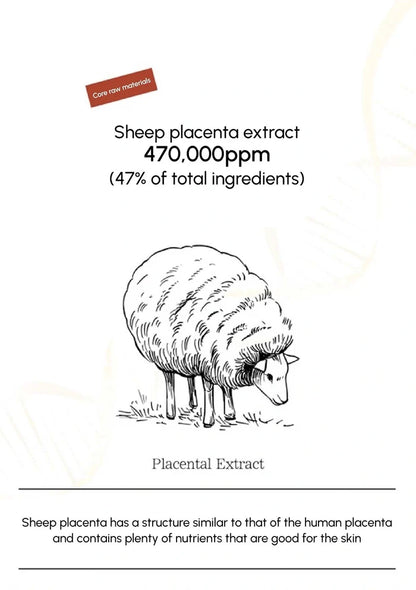 Sheep placenta extract label with sheep illustration and text on a white background