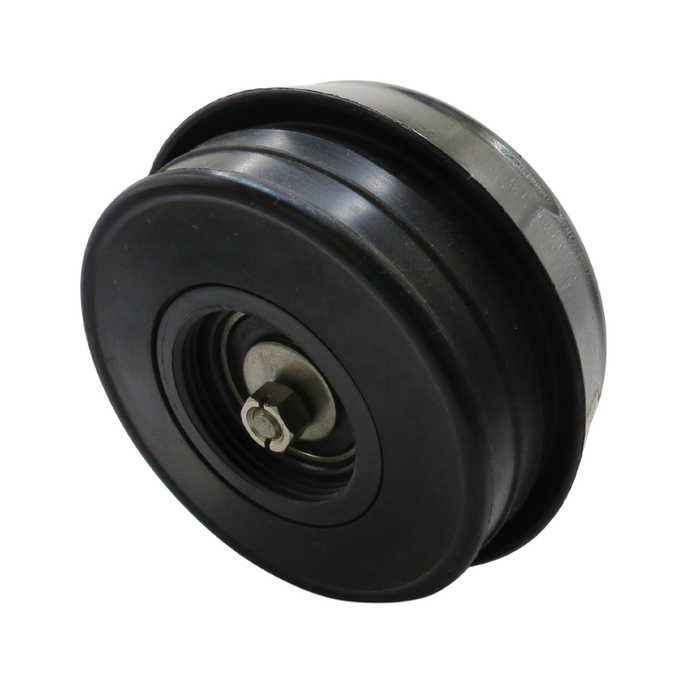 A black circular G5 body massager head component with a metal hub and bolt, shown on a plain white background.