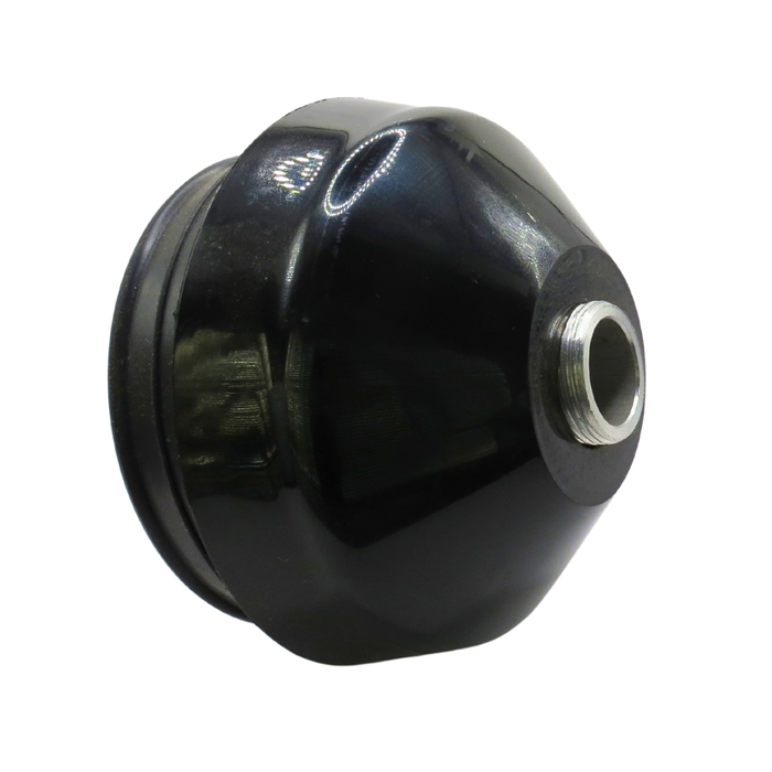 A glossy black plastic cylindrical component with a threaded metal opening on one side, photographed on a plain white background.