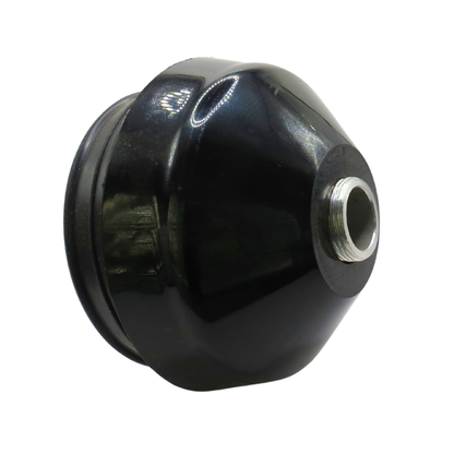 A glossy black plastic cylindrical component with a threaded metal opening on one side, photographed on a plain white background.