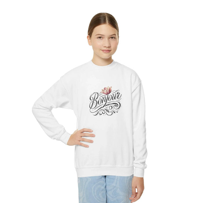 Bonjour! Youth Crewneck Sweatshirt 🌸✨ Kids Cozy Sweater 💖 - Whippie's