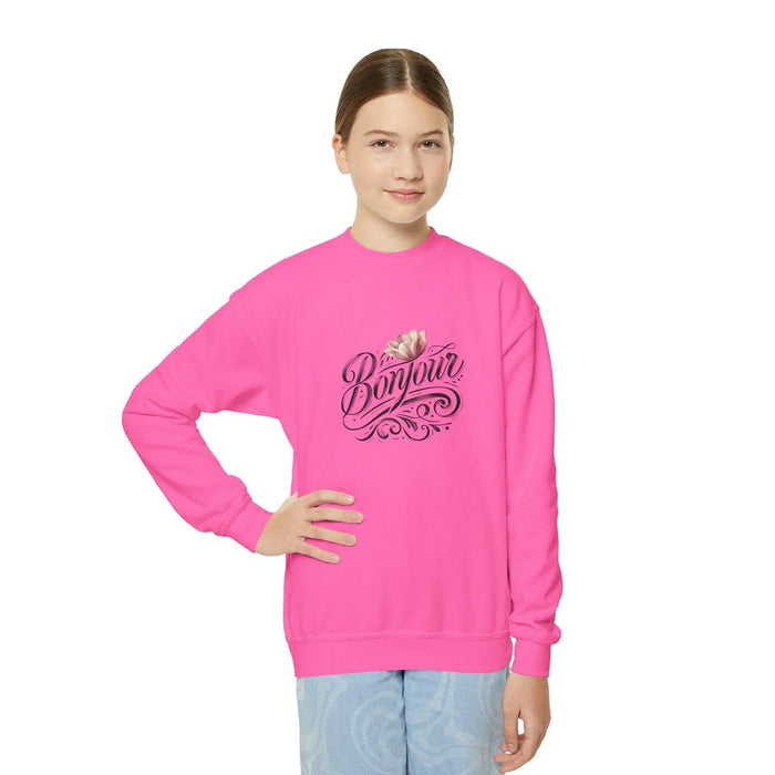 Bonjour! Youth Crewneck Sweatshirt 🌸✨ Kids Cozy Sweater 💖 - Whippie's
