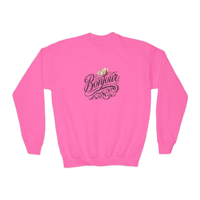Bonjour! Youth Crewneck Sweatshirt 🌸✨ Kids Cozy Sweater 💖 - Whippie's
