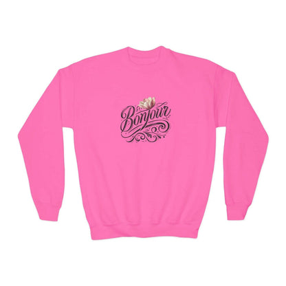 Bonjour! Youth Crewneck Sweatshirt 🌸✨ Kids Cozy Sweater 💖 - Whippie's