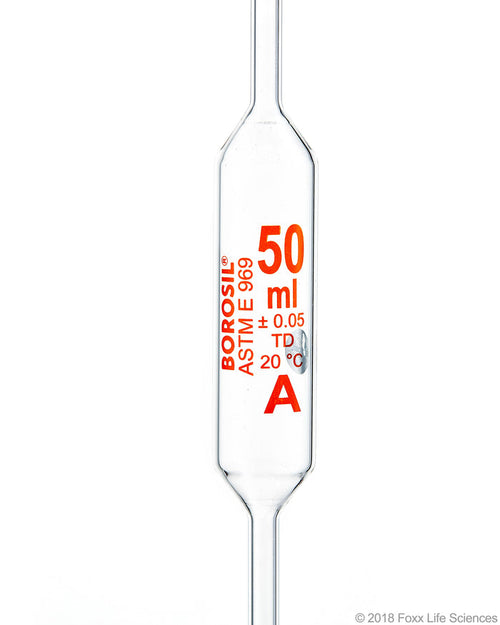 Borosil Volumetric Pipette Bulb Pipette Class A Accuracy ASTM Batch Certificate 50mL Borosilicate | img_1 | Foxx Life Sciences Global | shopfls.com