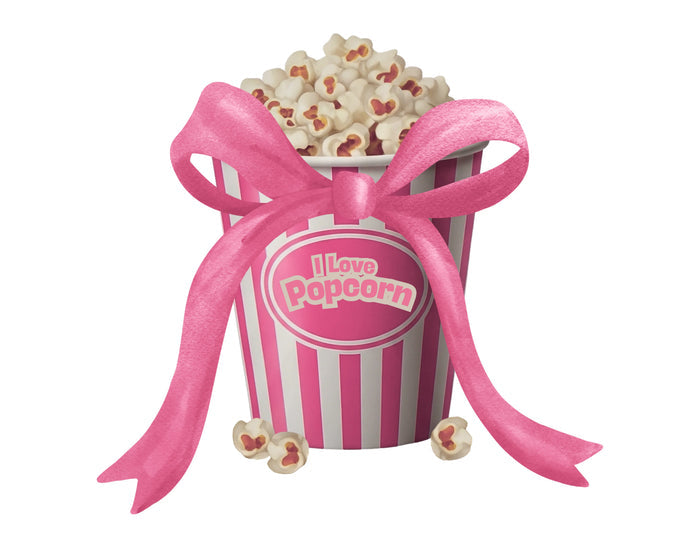 Striped pink and white popcorn bucket with a pink bow and popcorn spilling out