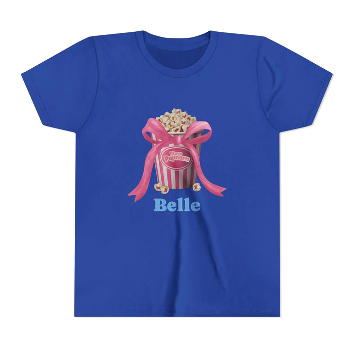 Blue t-shirt with popcorn bucket graphic tied with pink ribbon and text 'Belle'