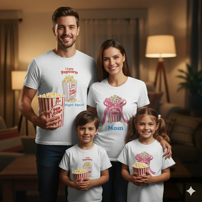 Happy family wearing popcorn-themed matching white t-shirts, holding buckets of popcorn in cozy living room