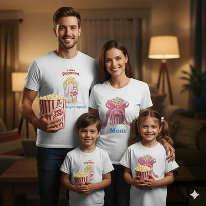 Happy family wearing popcorn-themed matching white t-shirts, holding buckets of popcorn in cozy living room