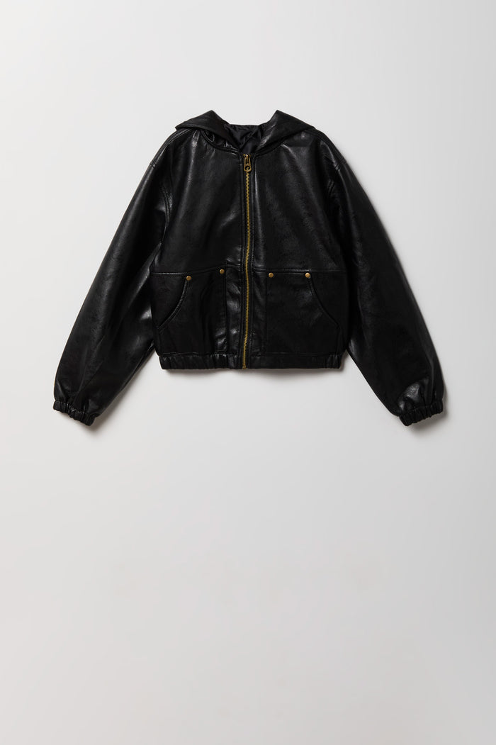 Boys Faux Leather Hooded Bomber Jacket