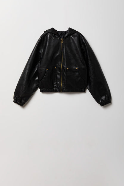Boys Faux Leather Hooded Bomber Jacket