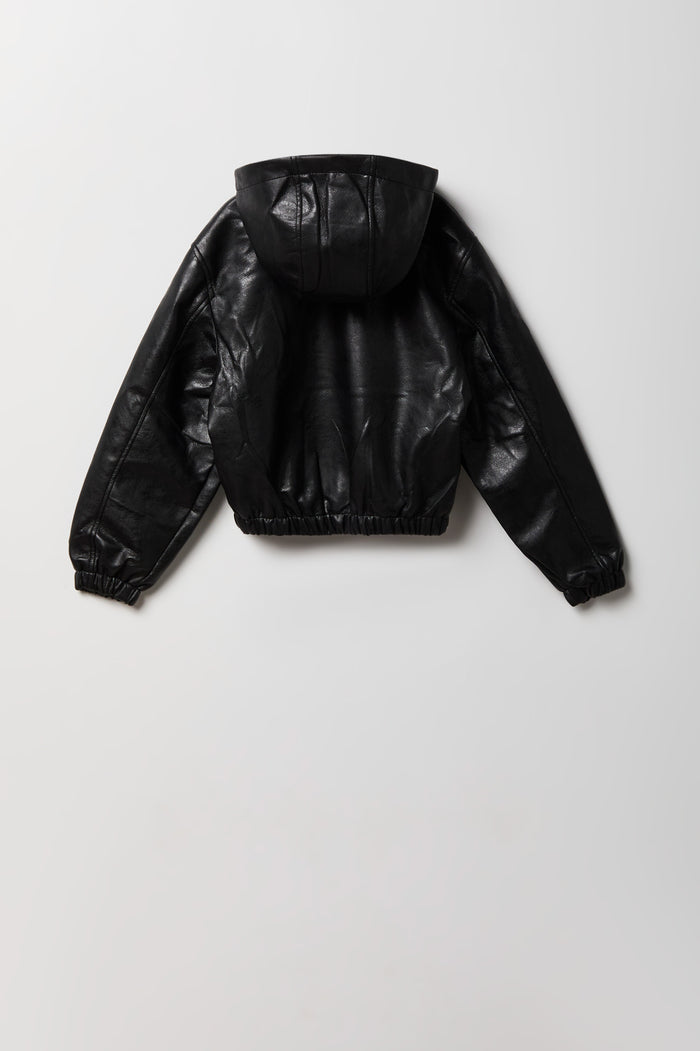Boys Faux Leather Hooded Bomber Jacket