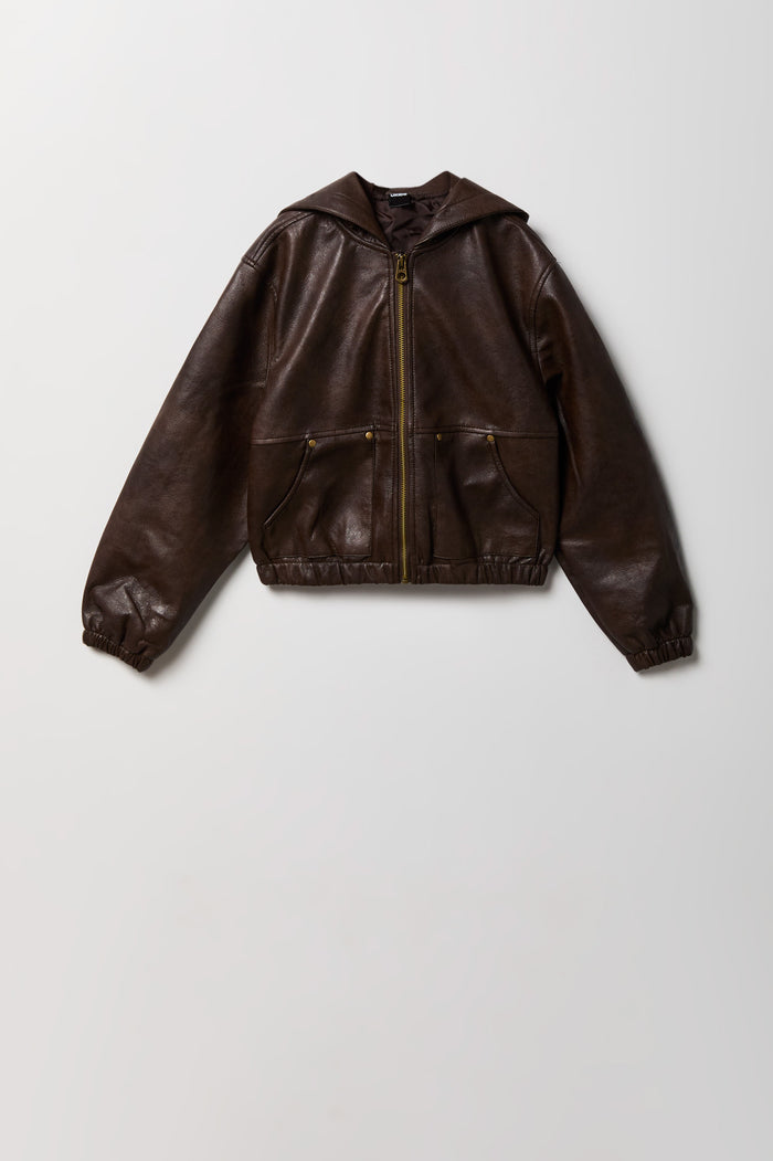 Boys Faux Leather Hooded Bomber Jacket