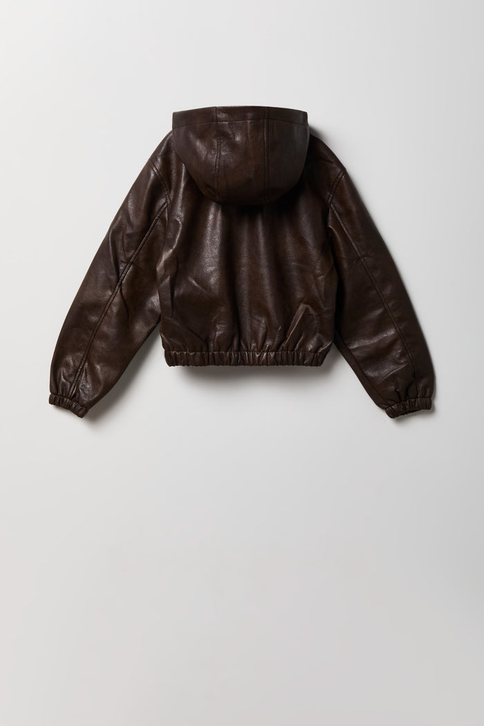 Boys Faux Leather Hooded Bomber Jacket