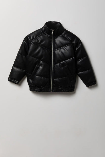 Boys Faux Leather Zip-Up Puffer Jacket