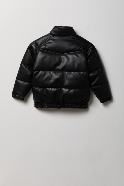 Boys Faux Leather Zip-Up Puffer Jacket