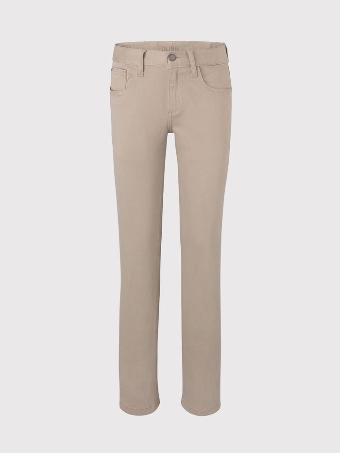 DL1961 boys' Brady Slim pants in khaki-beige 'Birch', flat front view.