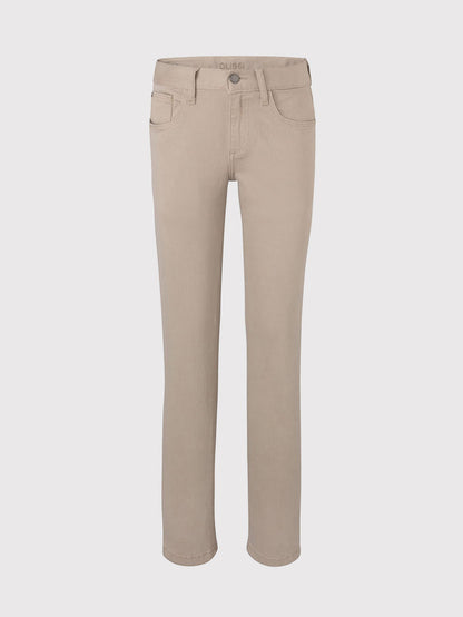 DL1961 boys' Brady Slim pants in khaki-beige 'Birch', flat front view.