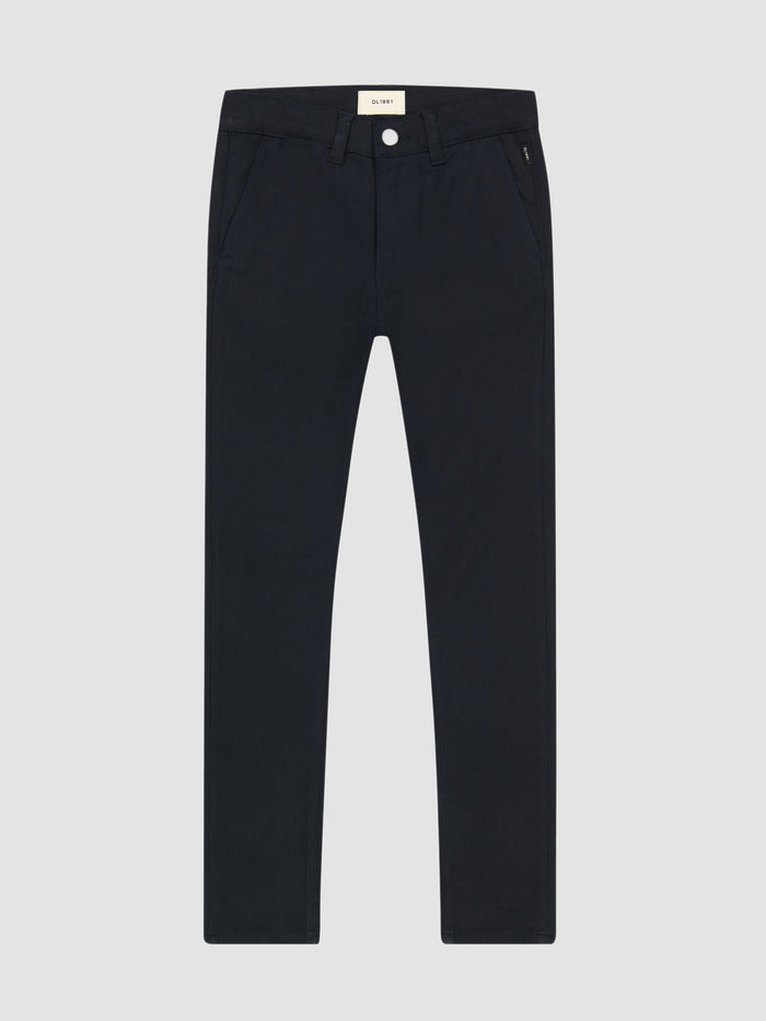 DL1961 boys' Brady Slim chino pants in dark navy 'Depths', flat front view.