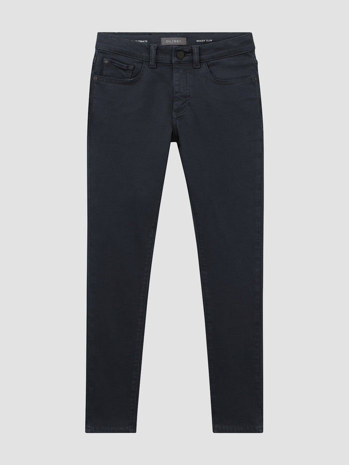 DL1961 boys' Brady Slim jeans in dark blue-black 'Dusk', flat front view.
