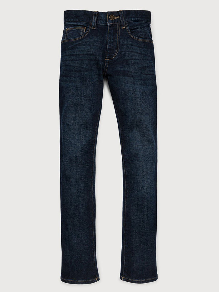 DL1961 boys' Brady Slim jeans in dark indigo blue 'Ferret', flat front view.