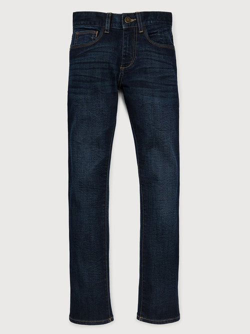 DL1961 boys' Brady Slim jeans in dark indigo blue 'Ferret', flat front view.
