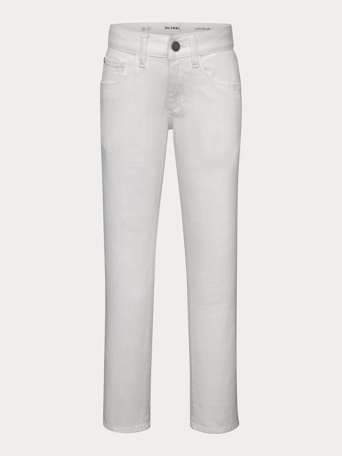 DL1961 boys' Brady Slim jeans in white 'Medallion', flat front view.