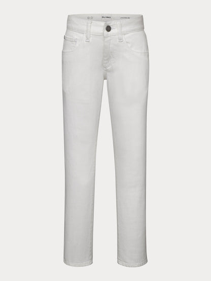 DL1961 boys' Brady Slim jeans in white 'Medallion', flat front view.