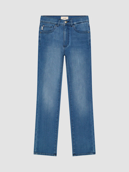 DL1961 boys' Brady Slim jeans in medium blue knit denim 'Mohonk', flat front view.