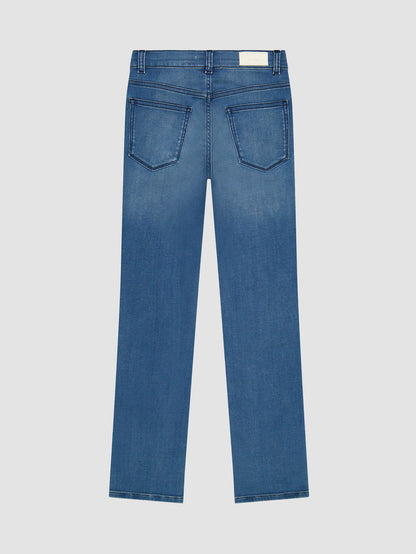 DL1961 boys' Brady Slim jeans in medium blue knit denim 'Mohonk', flat back view.